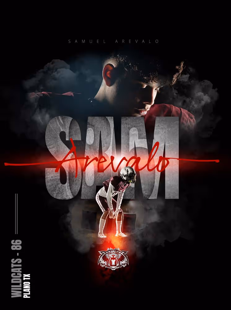Conceptual dark sports poster with youth football player and smoke effects