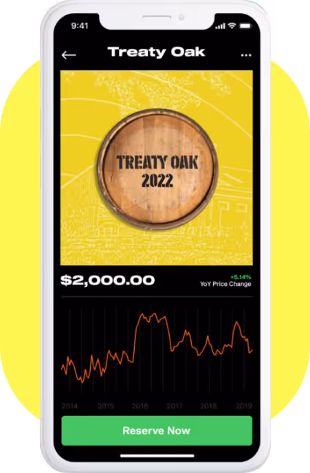 Smartphone screen showing Treaty Oak 2022 barrel with price $2,000 and year-over-year price change of +5.14%, including a fluctuating line graph and a green Reserve Now button.