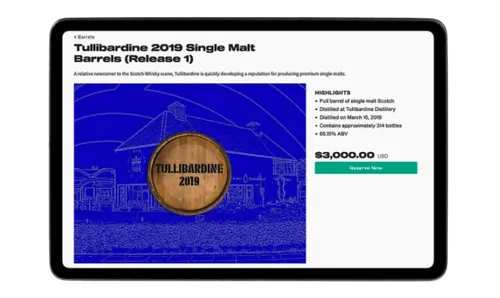 Tablet screen displaying Tullibardine 2019 Single Malt Barrels (Release 1) details, featuring a wooden barrel image and highlights including distillation date, bottle count, and price.