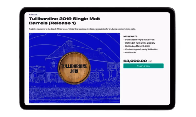 Tablet screen displaying Tullibardine 2019 Single Malt Barrels (Release 1) details, featuring a wooden barrel image and highlights including distillation date, bottle count, and price.