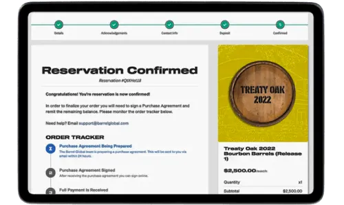 Tablet screen showing a reservation confirmation for Treaty Oak 2022 bourbon barrels with an order tracker indicating the purchase agreement is being prepared.