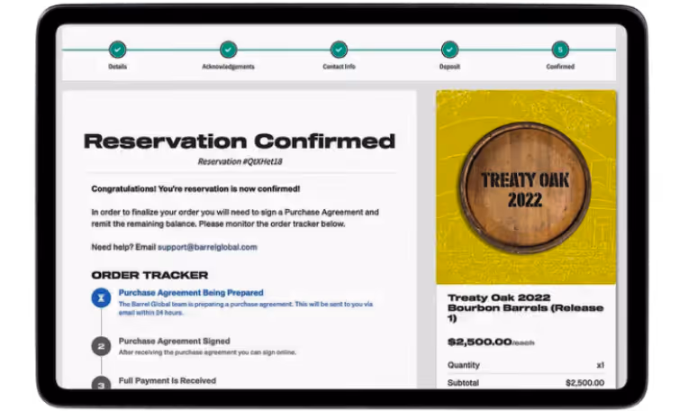 Tablet screen showing a reservation confirmation for Treaty Oak 2022 bourbon barrels with an order tracker indicating the purchase agreement is being prepared.