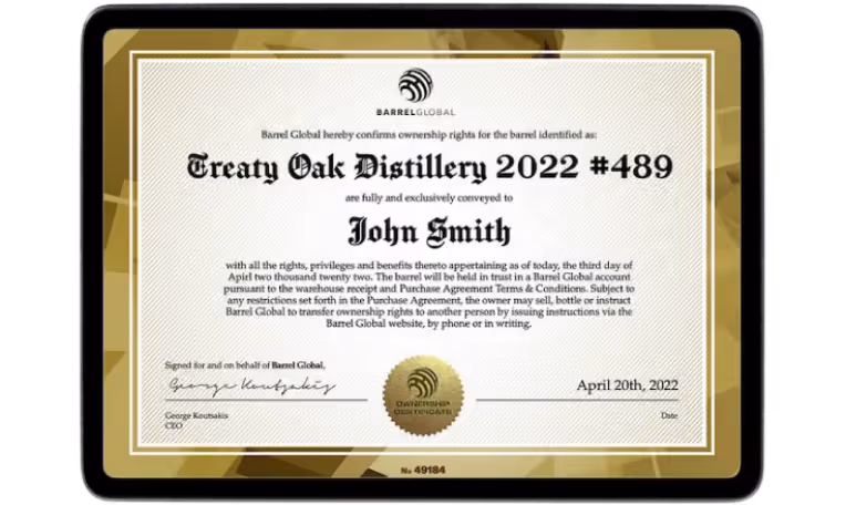 Barrel Global certificate confirming ownership of Treaty Oak Distillery 2022 #489 barrel, exclusively conveyed to John Smith, dated April 20, 2022, signed by CEO George Kousakis.