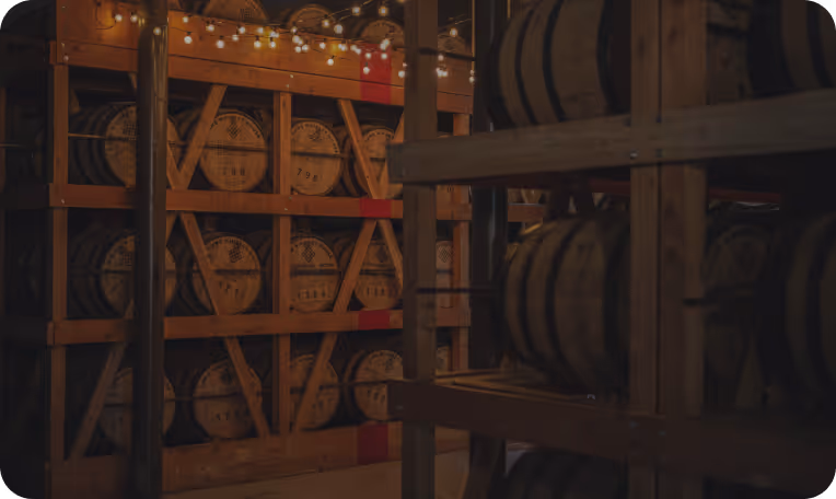 Wooden barrels stacked in racks inside a dimly lit storage room with string lights above.