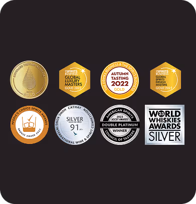 A collection of eight award badges for spirits and whiskey recognition, including Global Luxury Masters Gold 2022, Autumn Tasting 2022 Gold, Double Platinum Winner 2023, and World Whiskies Awards Silver.