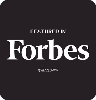 Black square with white text reading 'Featured in Forbes' and a small ZenniHome logo underneath.
