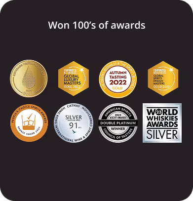 Eight award badges including gold, silver, and platinum recognitions for spirits and whiskey design from 2022 and 2023.