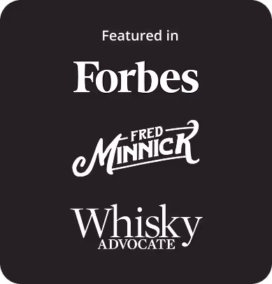 Logos of Forbes, Fred Minnick, and Whisky Advocate with the text Featured in above them on a black background.