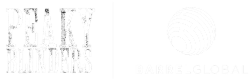Peaky Blinders title with distressed white text next to Barrel Global logo featuring a stylized globe.