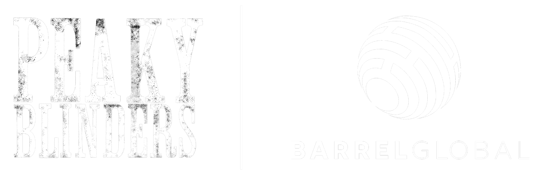Peaky Blinders title with distressed white text next to Barrel Global logo featuring a stylized globe.