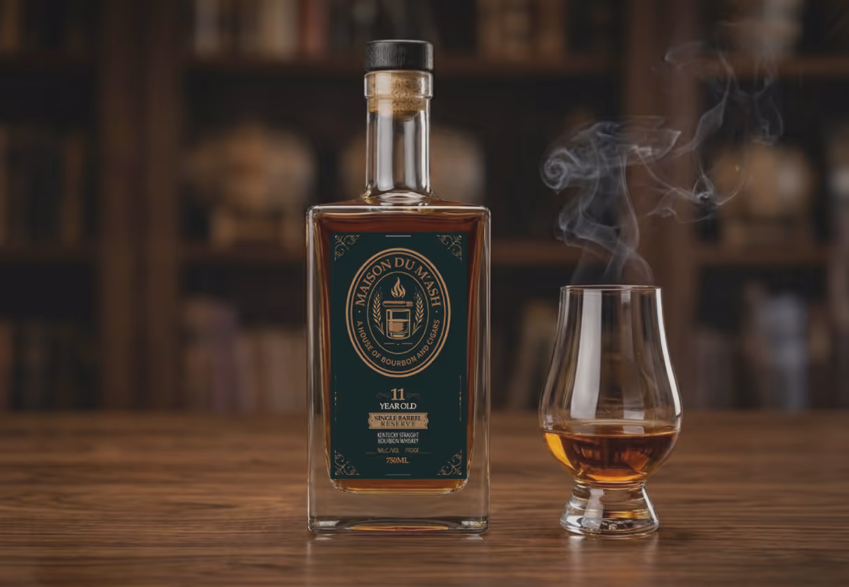 Bottle of Maison Du Mash 11-Year-Old Single Barrel Reserve Kentucky Straight Bourbon Whiskey next to a glass with whiskey and rising smoke.
