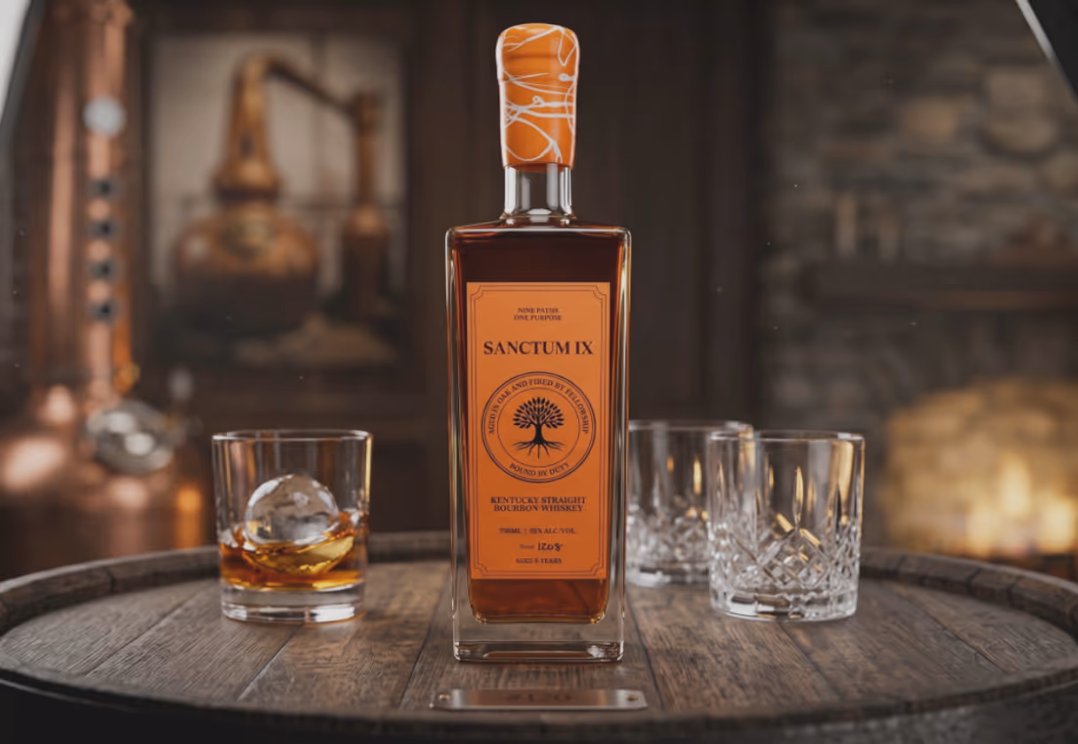 Bottle of Sanctum IX Kentucky straight bourbon whiskey on a wooden barrel with a glass holding whiskey and an ice sphere, two empty crystal glasses, and a rustic distillery background.