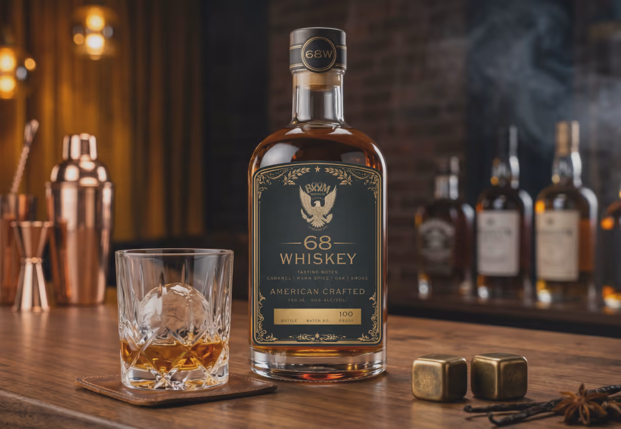 A bottle of 68 Whiskey American crafted with caramel, warm spice, oak, and smoke tasting notes, next to a glass with whiskey and a large ice sphere on a wooden bar counter.
