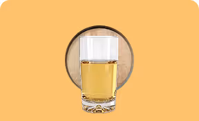 Glass of light brown whiskey on a round wooden coaster against a solid yellow background.