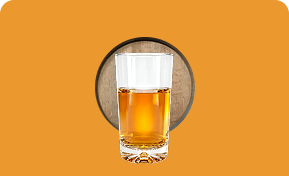 Transparent glass filled halfway with an amber liquid on an orange background with a circular wood texture behind.