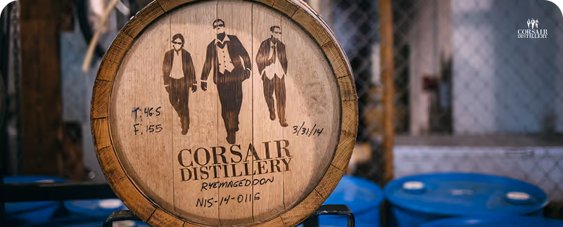 Wooden barrel with Corsair Distillery logo and three silhouetted men in suits walking.