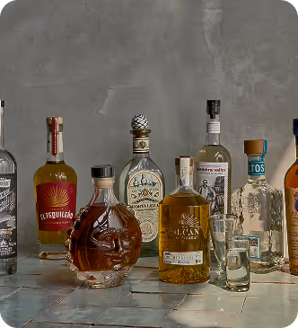 Various liquor bottles placed on a tiled surface with two shot glasses beside them.