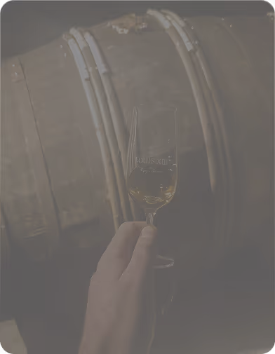 Hand holding a Louis XIII cognac glass with a wooden barrel in the background.