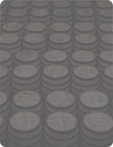 Rows of wooden barrels stacked in a storage area, likely used for aging spirits or wine.