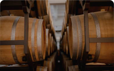 Rows of wooden barrels stacked in a dimly lit cellar or warehouse.