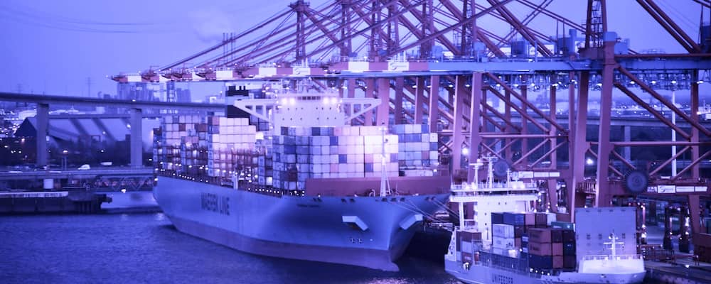 Containerschip in een grote zeehaven, symbool voor internationale logistiek en supply chain-netwerken.