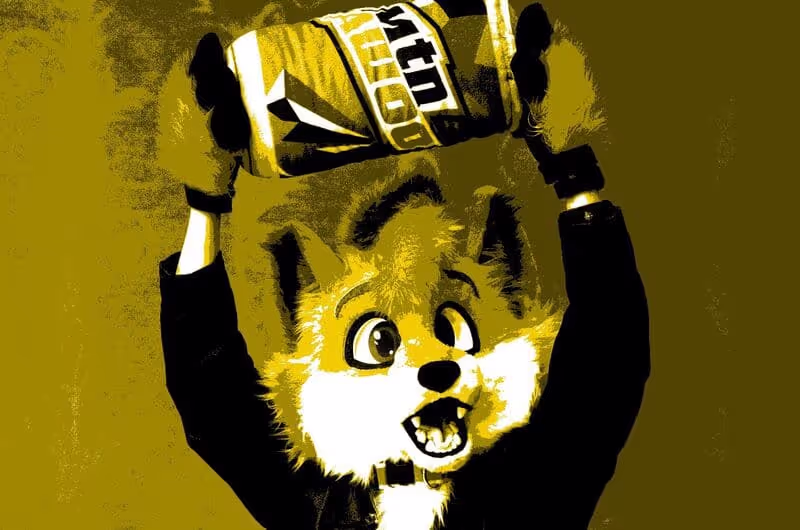 A fursuiter holding up a Mountain Dew plushie over his head. Photo by LugiaBerry.