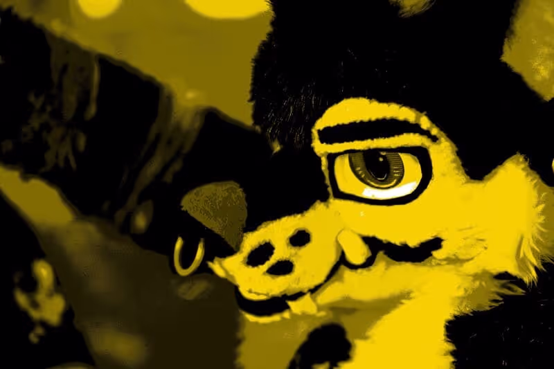 Close up photo of a wolf fursuiter looking to the left. Photo by SleepyDef.