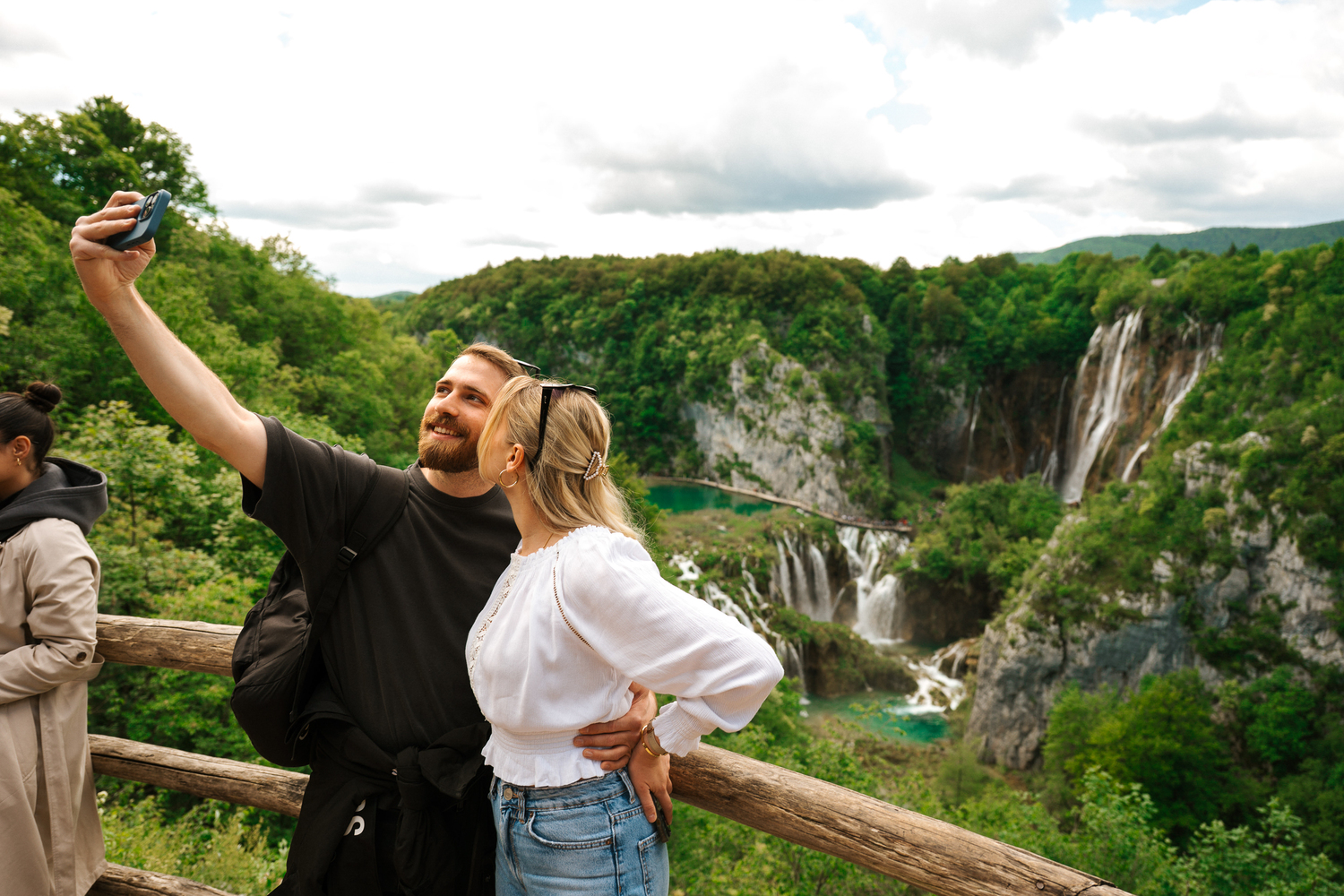 Tourists taking selfies at Plitvice Lakes National Park