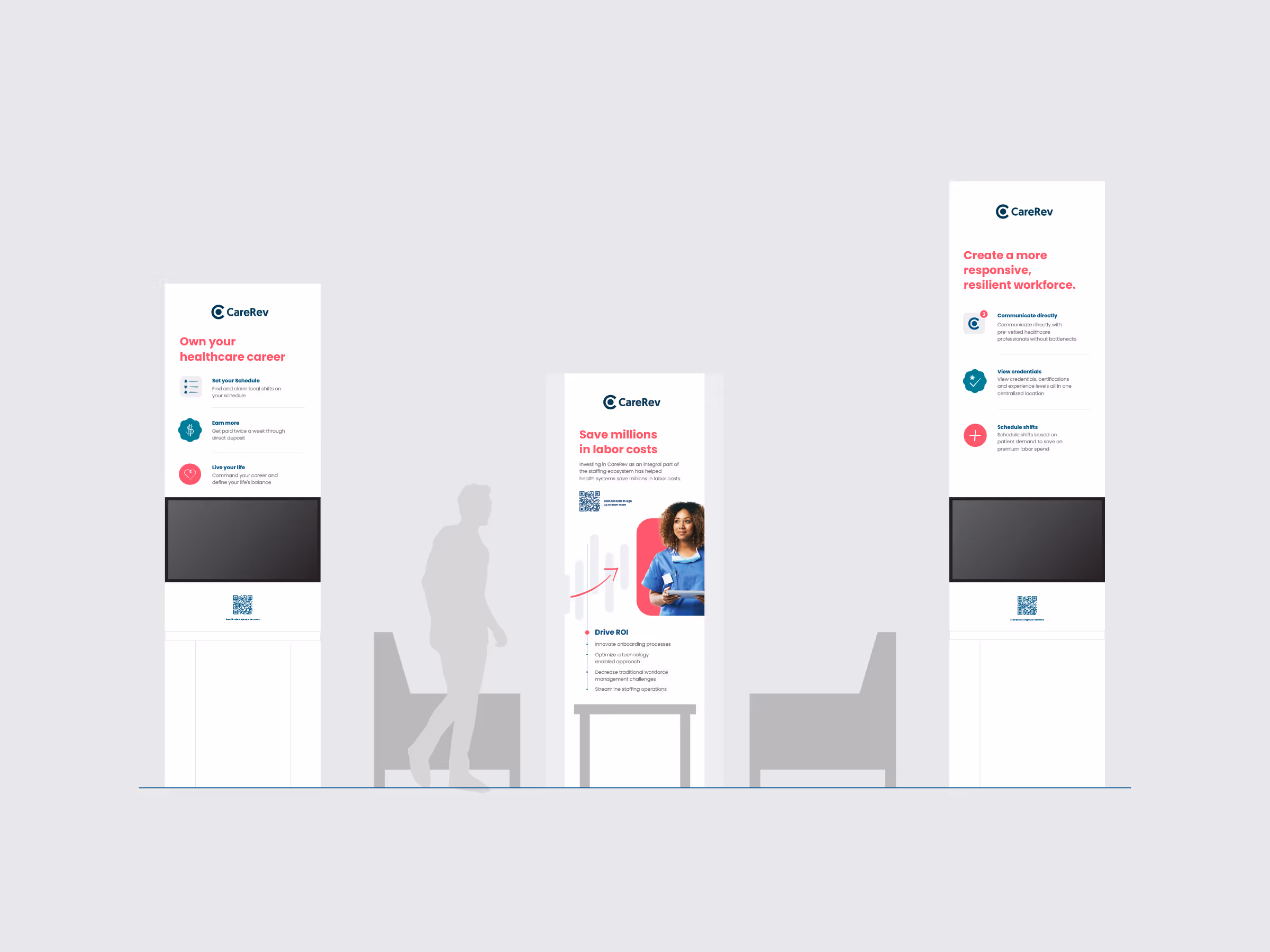 Healthcare job booth setup with three vertical banners displaying CareRev branding, benefits of owning a healthcare career, saving labor costs, and creating a resilient workforce, accompanied by icons and a photo of a nurse.