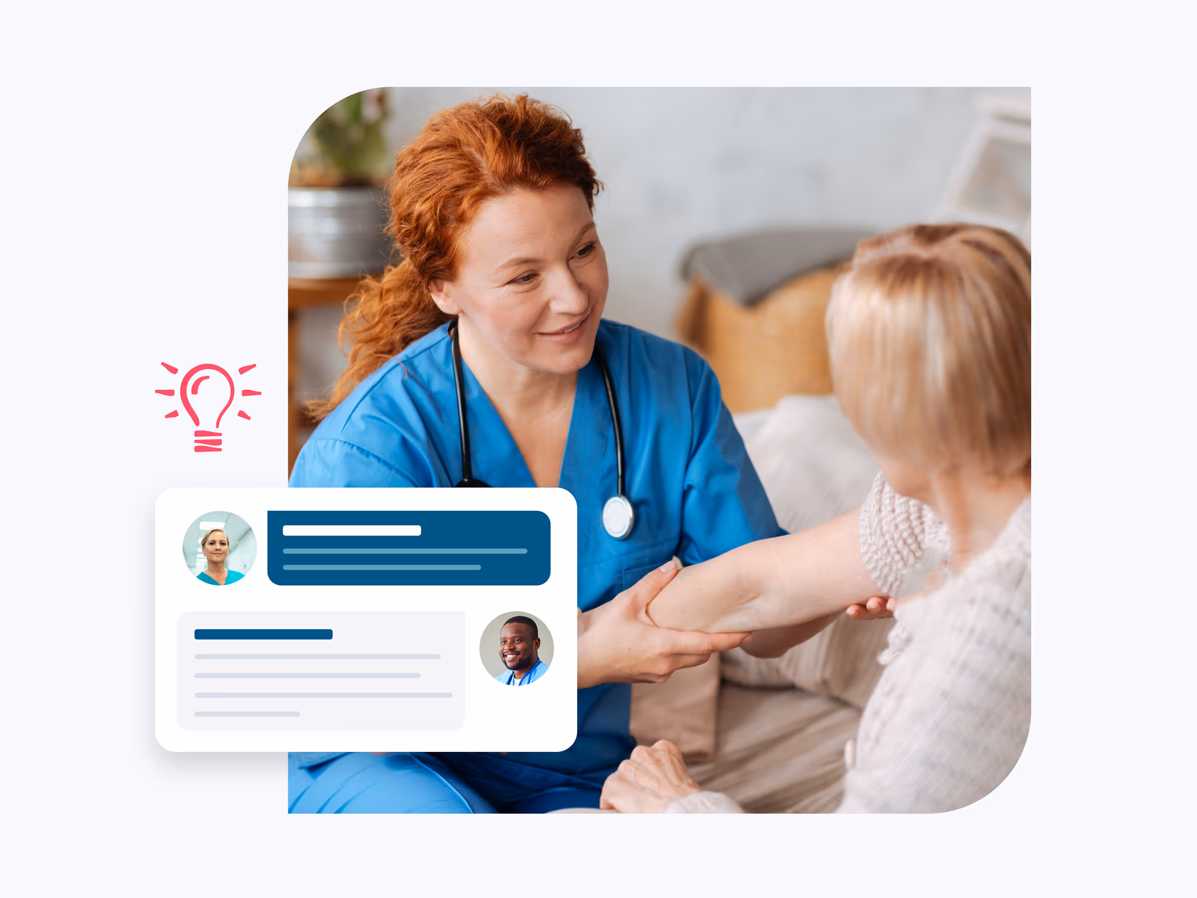 Nurse in blue scrubs holding and examining the arm of an elderly woman during a home visit, with healthcare communication icons overlayed.