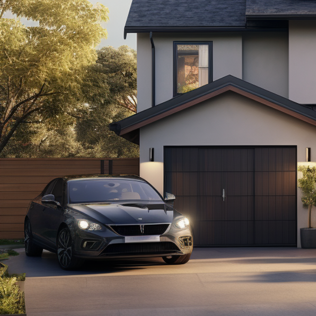 Black luxury sedan parked in front of a modern house with a closed dark garage door and exterior wall lights.