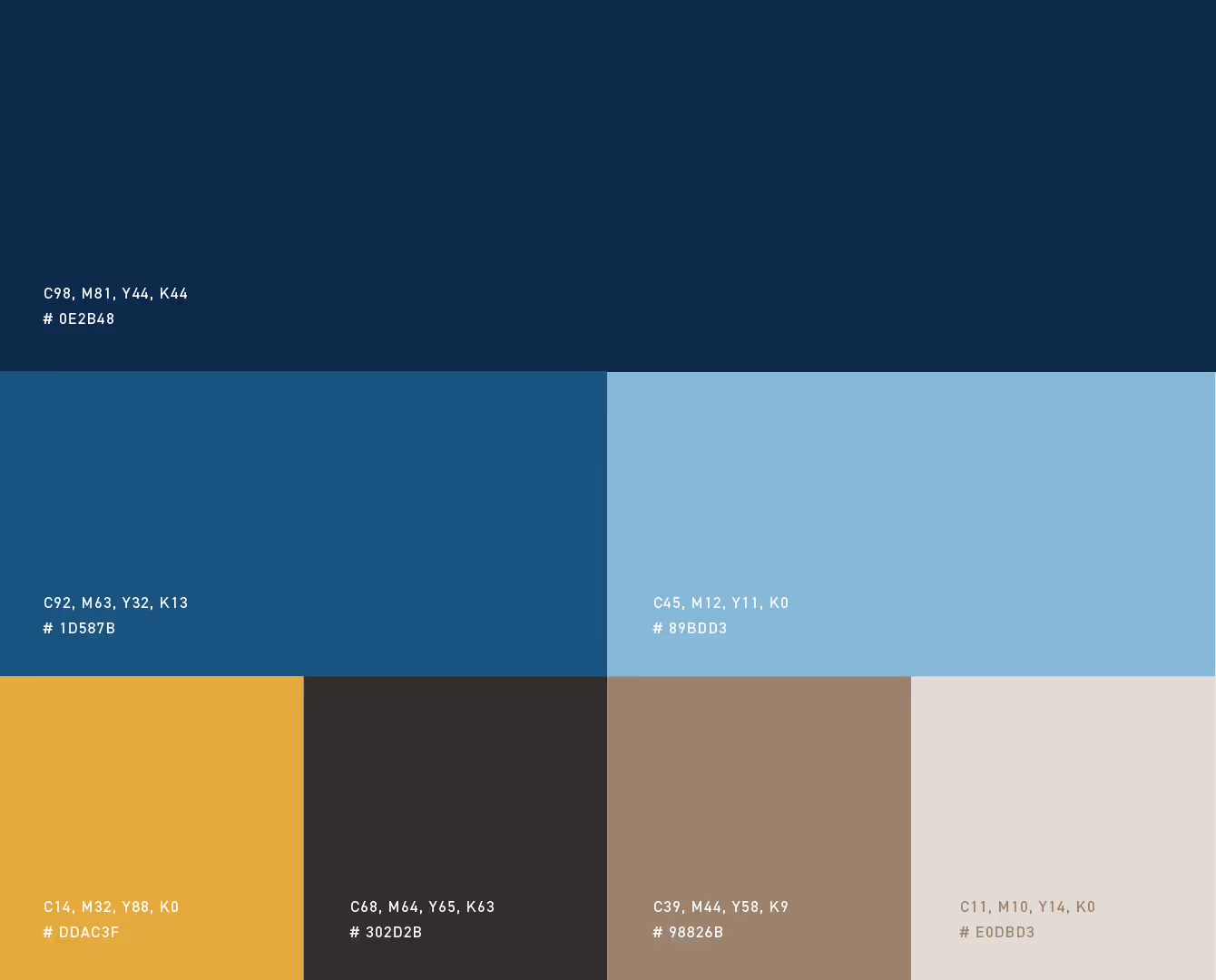 A color palette chart with eight rectangular swatches including shades of dark blue, teal, light blue, mustard yellow, dark gray, taupe, and light beige, each labeled with CMYK values and hex color codes.