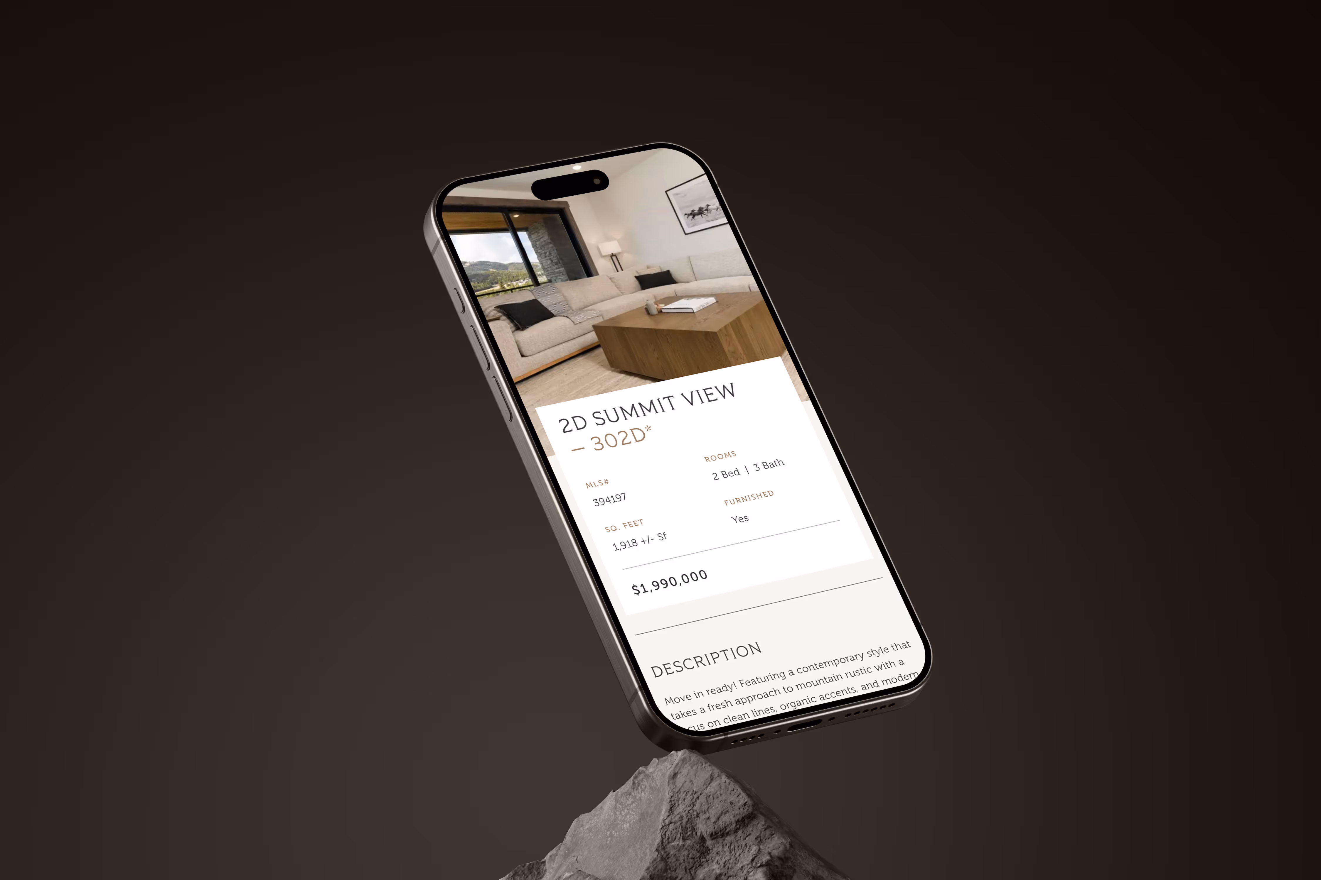 Smartphone displaying a real estate listing for a 2D Summit View apartment with 2 bedrooms, 3 bathrooms, 1918 sq. ft, furnished, priced at $1,990,000.