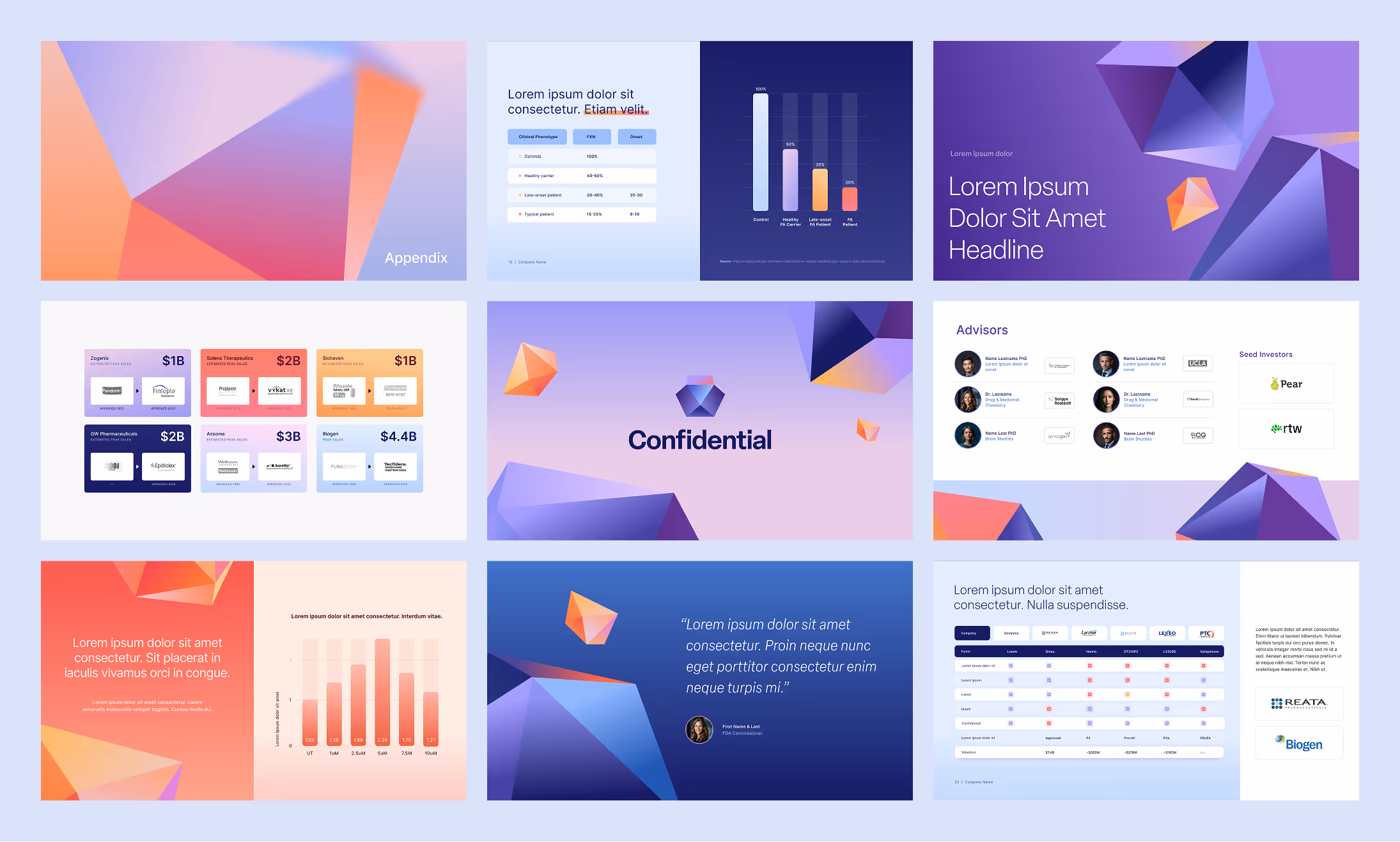 A nine-panel presentation slide with abstract geometric shapes, charts, tables, text blocks, advisor profiles, and a confidential notice.
