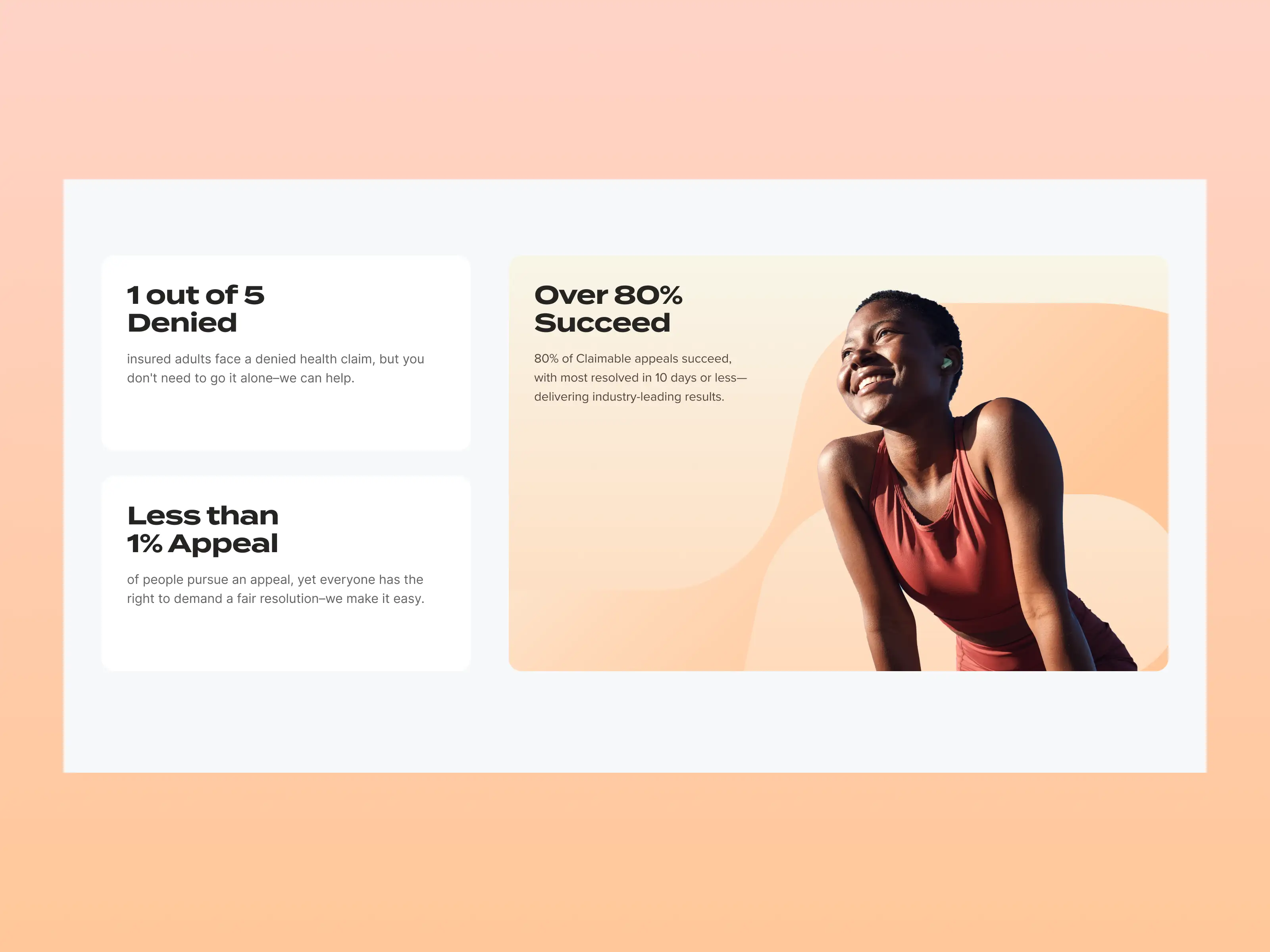 Infographic showing health claim statistics: 1 out of 5 denied, less than 1% appeal, and over 80% of Claimable appeals succeed with most resolved in 10 days or less, alongside a smiling woman in athletic wear.