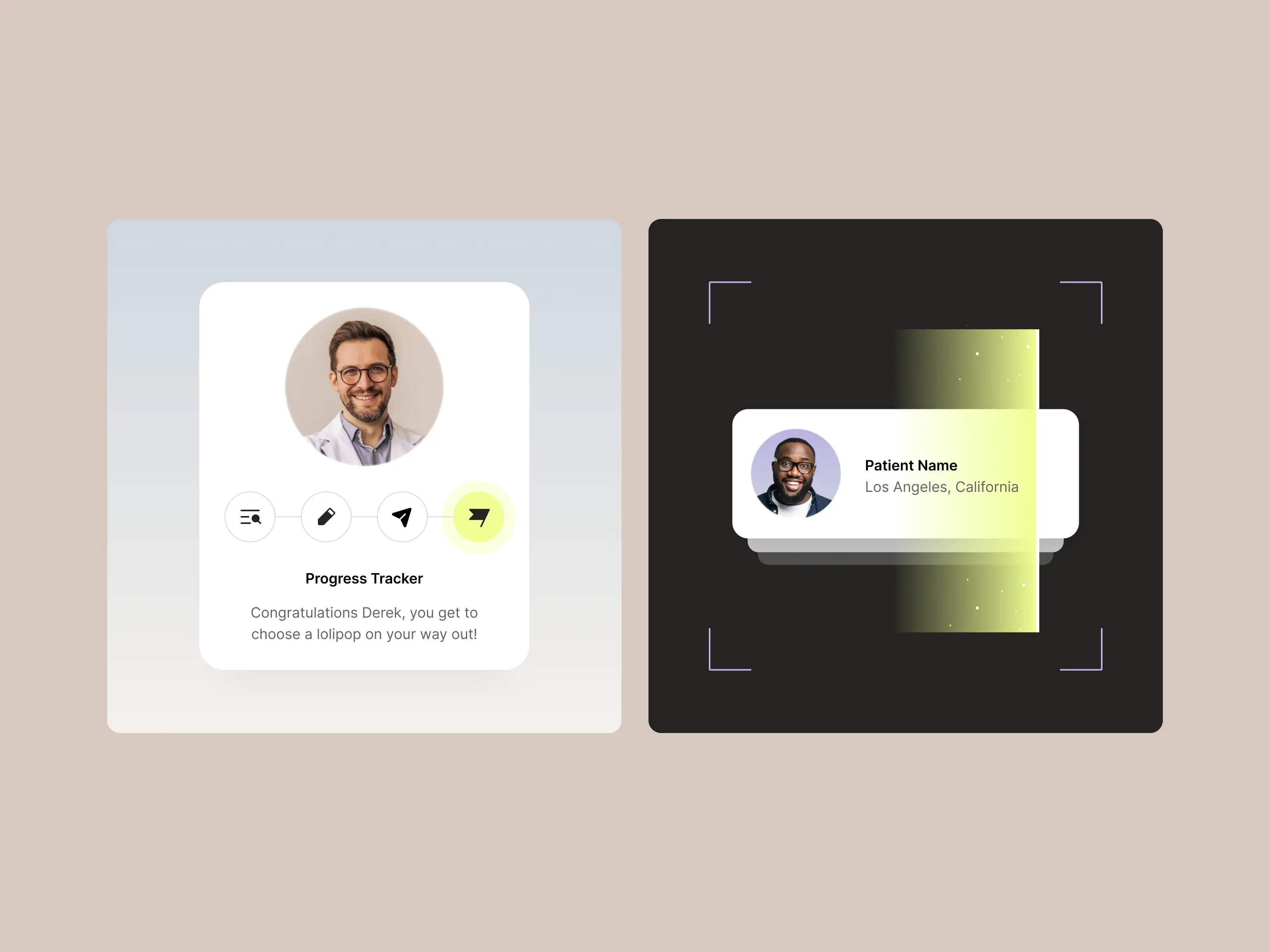 Two user interface cards side by side: left card shows a smiling man with progress tracker icons and a message congratulating Derek; right card shows a man with patient details from Los Angeles, California, with a yellow glowing effect.