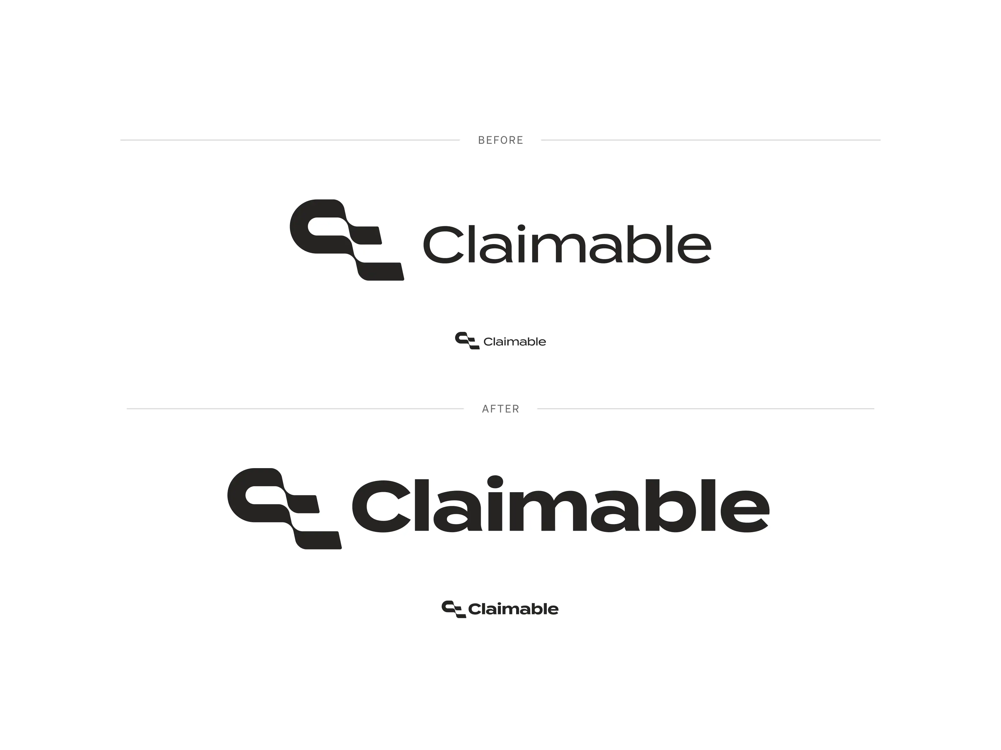 Comparison of Claimable logo before and after redesign, featuring a thicker, bolder font in the after version.