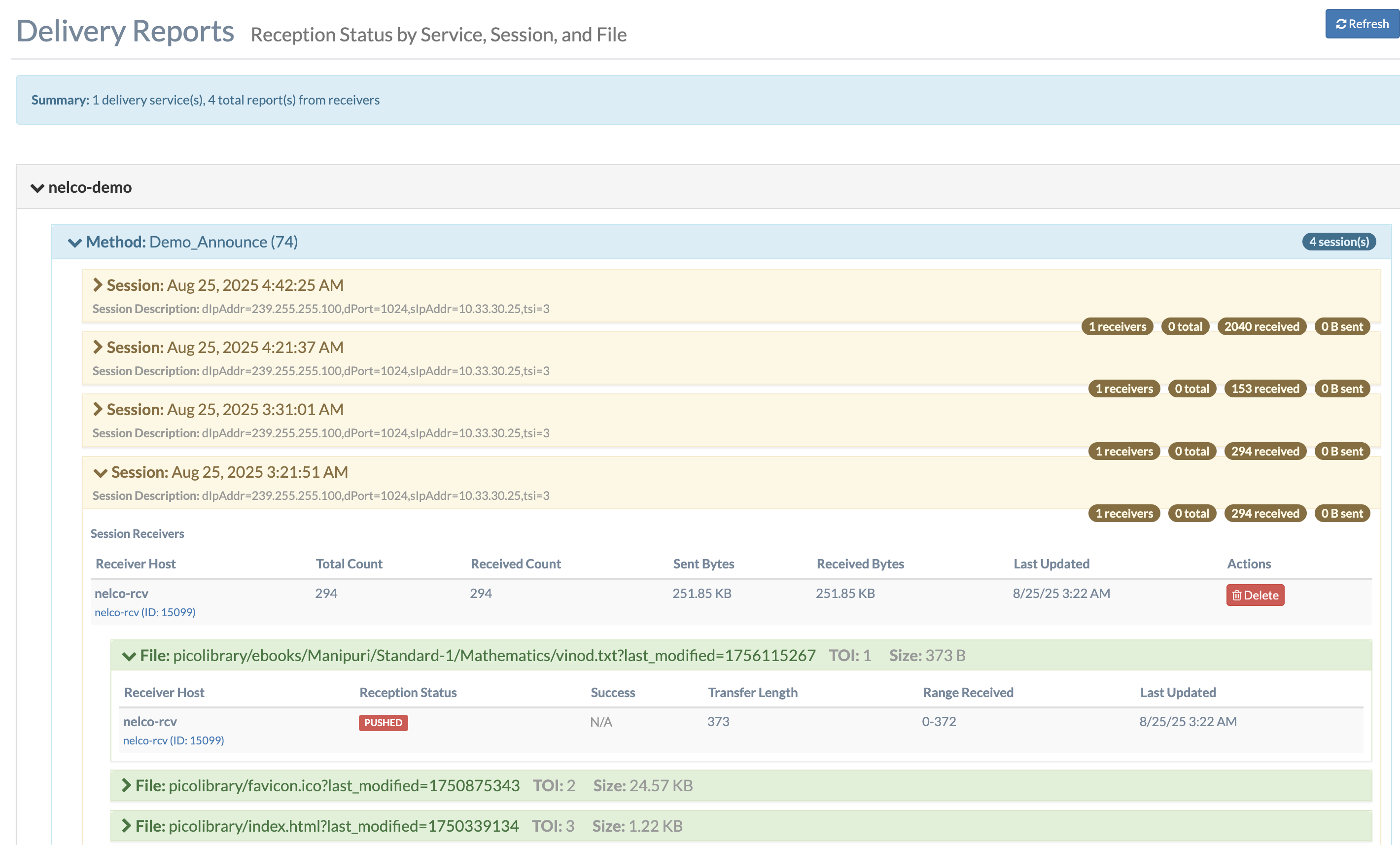 MAHP Delivery Reports showing session status, receiver counts, and per-file reception details