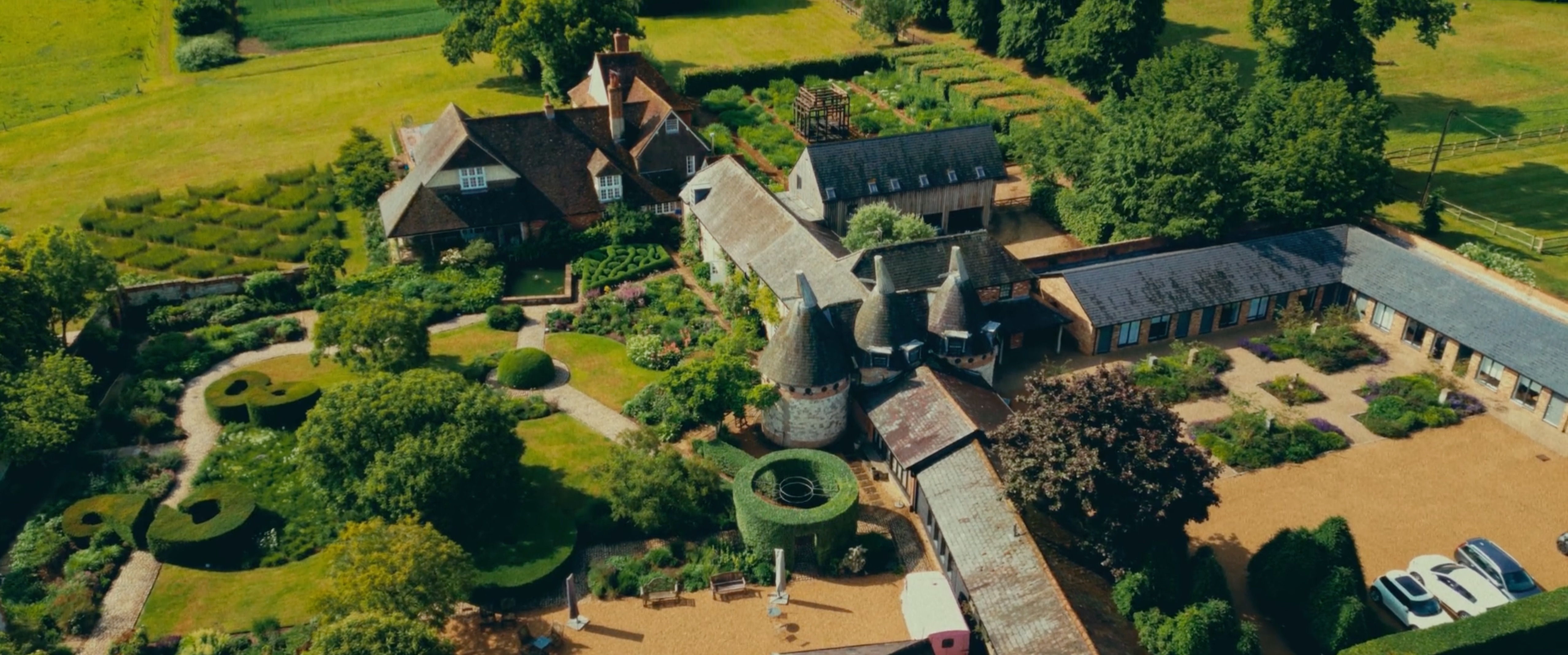 Drone shot of Bury Court Barn