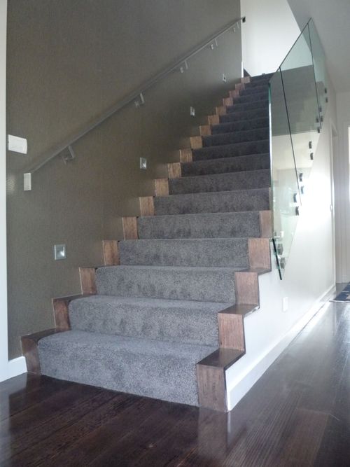 Staircase covered in carpet with timber trim down each side and glass balustrade