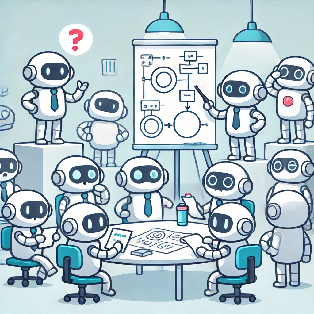 Cartoon of friendly robots brainstorming around a whiteboard in a tech lab.