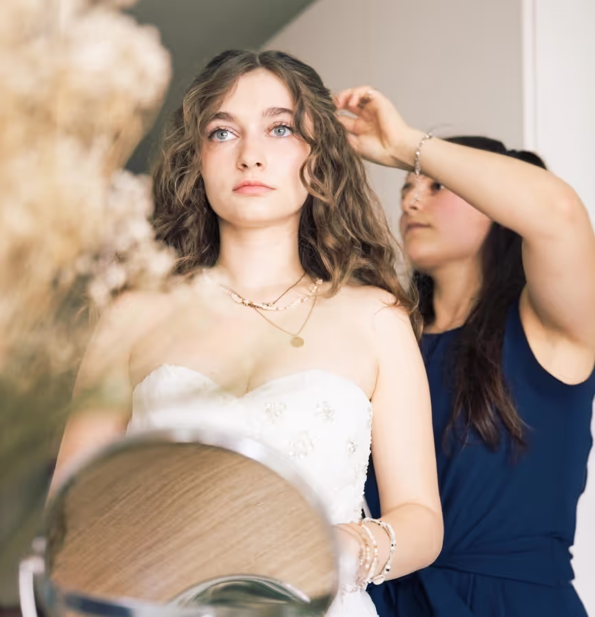 A bride is getting ready for her wedding