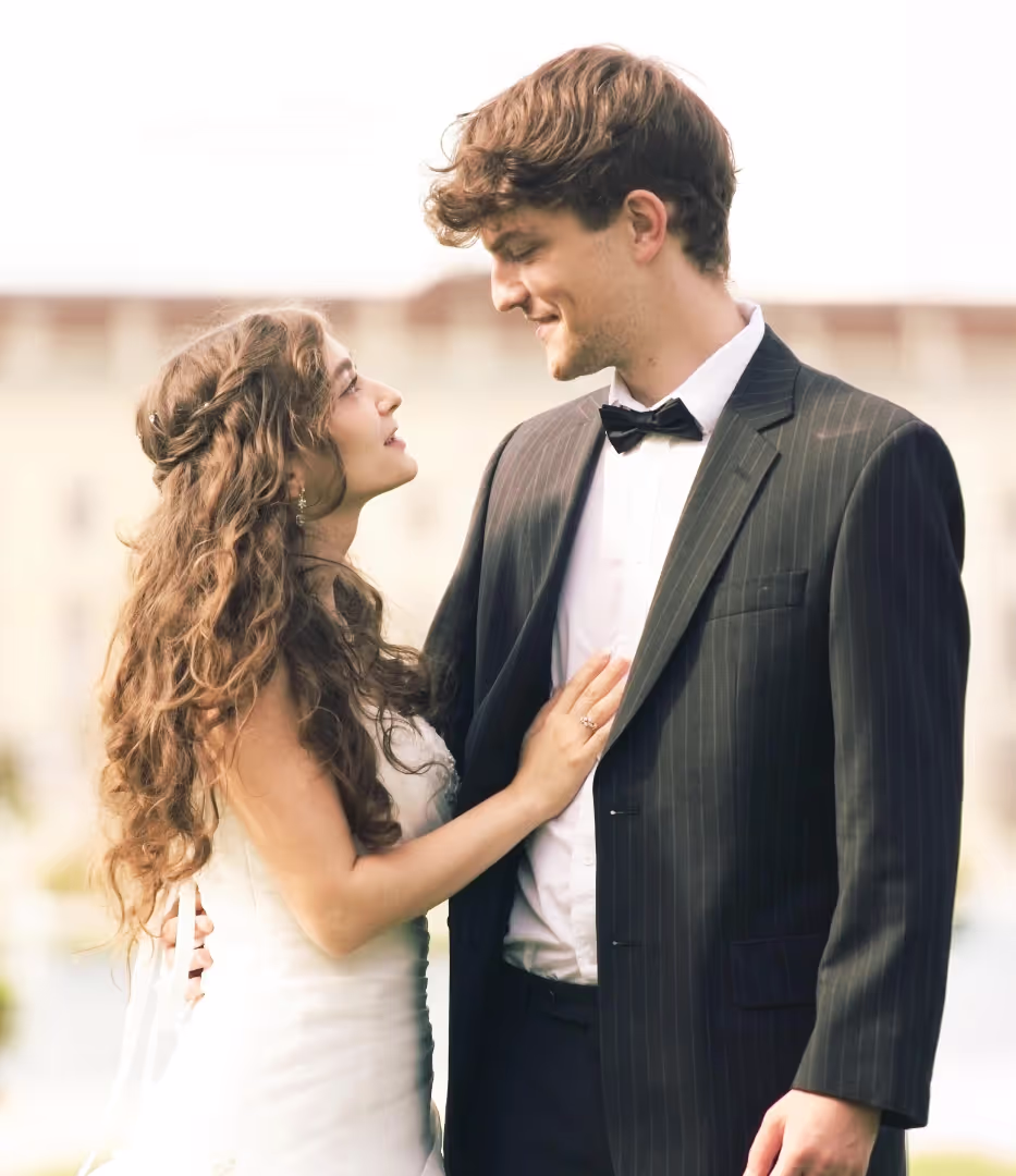 Bride and groom kissing