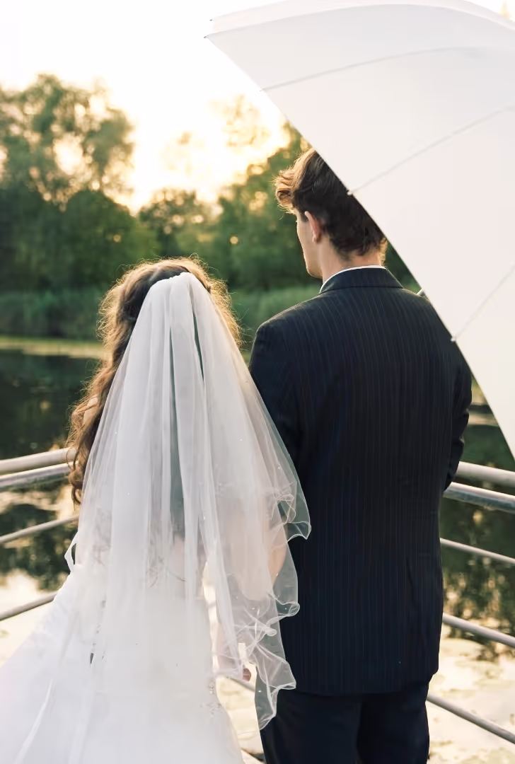 Bride and groom at sunset