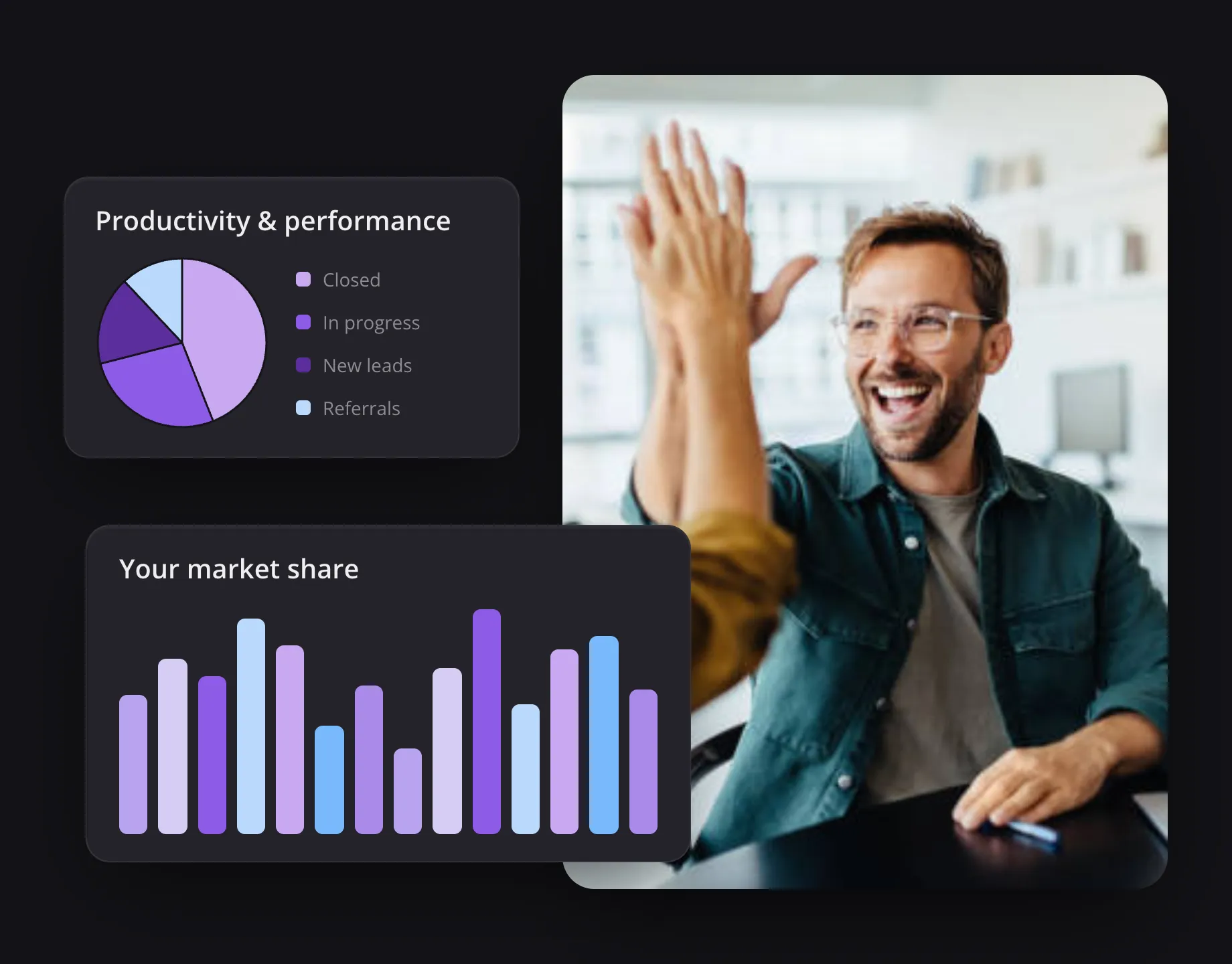 Man with glasses smiling and high-fiving someone, alongside charts of productivity and market share data.