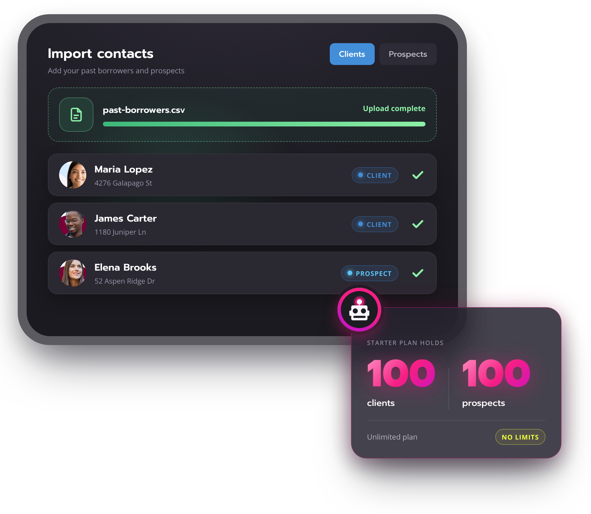 Homebot import contacts screen loading a loan officer's past borrowers and prospects
