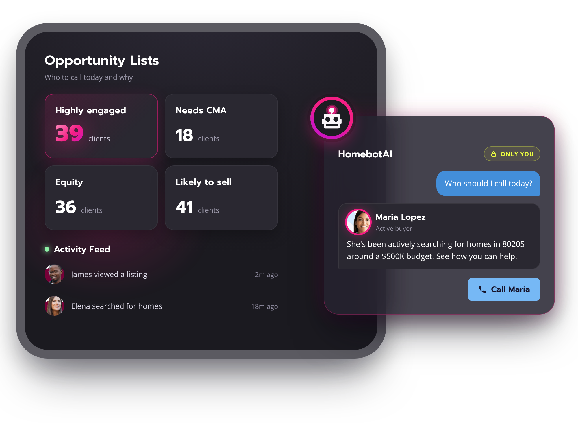 Homebot Opportunity Lists and HomebotAI showing which past clients to call today and why