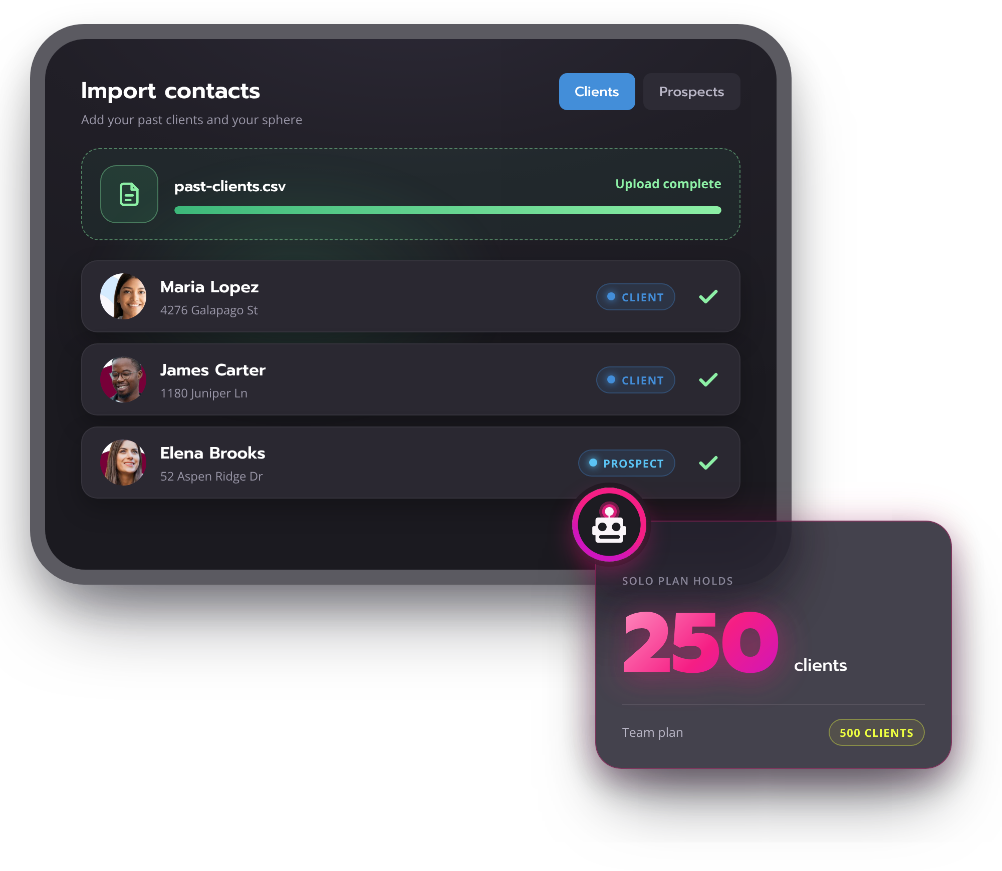Homebot import contacts screen loading a real estate agent's past clients and sphere