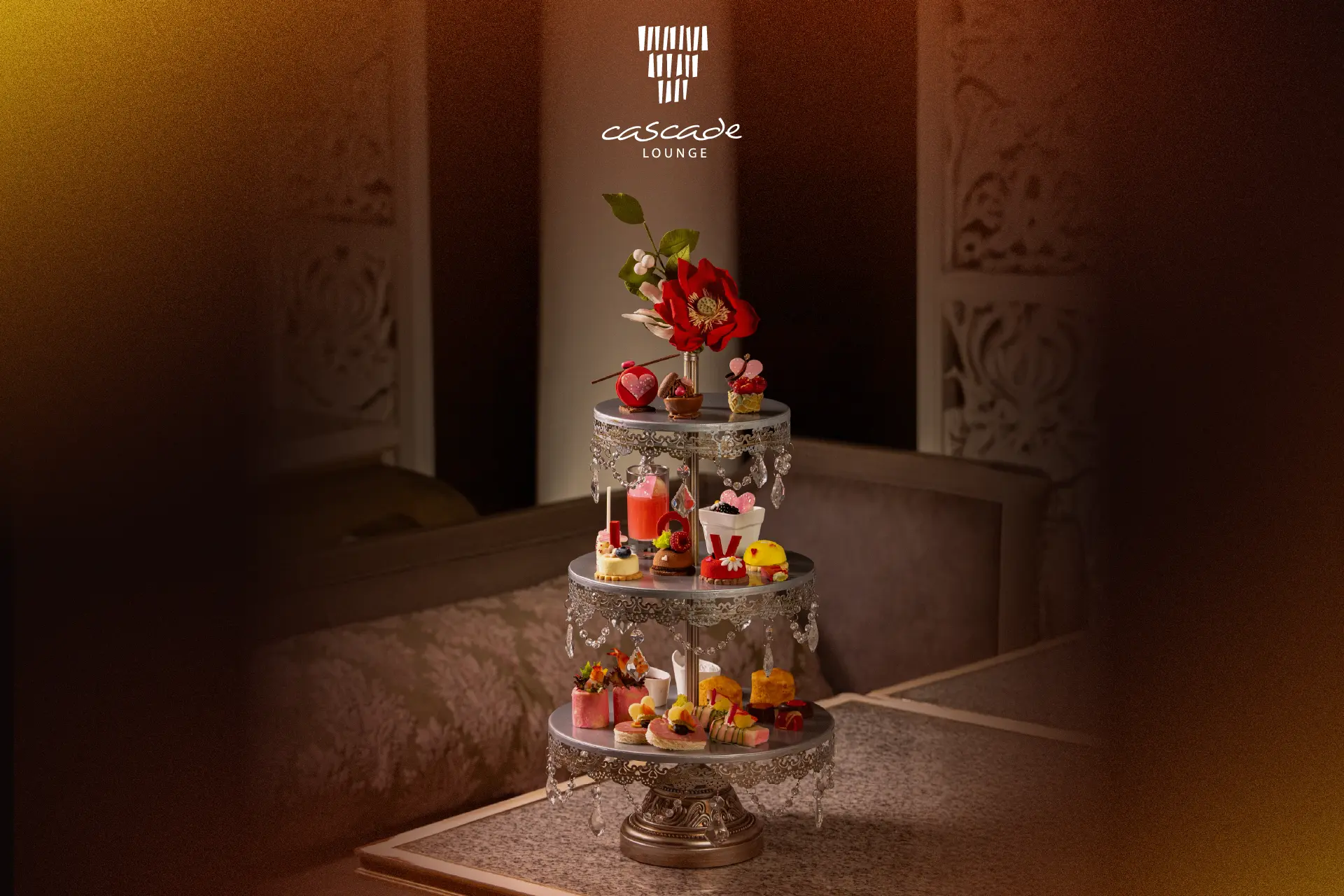 Valentine Afternoon Tea selection of sweet and savoury treats served in Cascade Lounge