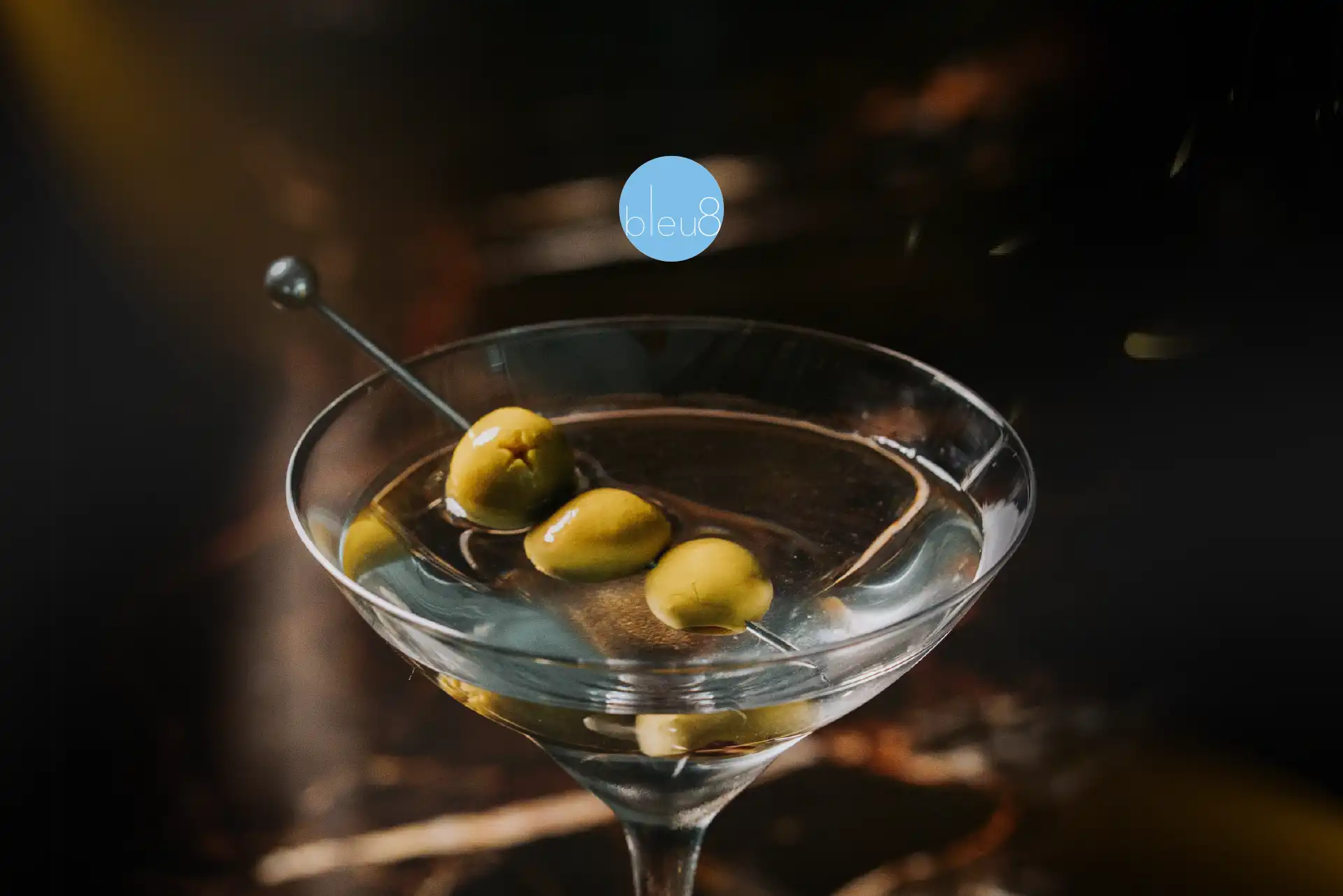 Curated cocktail selection at bleu8 including Dry Martini, Negroni, and The Vision